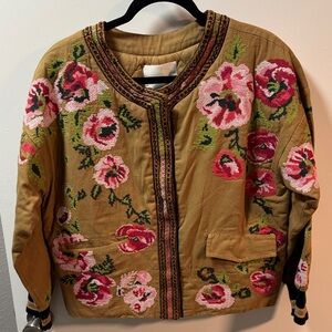 Anthropologie Floral Embroidered Bomber Jacket - Tan and Pink